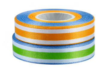 Two rolls of colorful striped ribbon are stacked, featuring vibrant orange, blue, green, and white stripes. ribbons are neatly wound, showcasing their smooth texture and bright colors