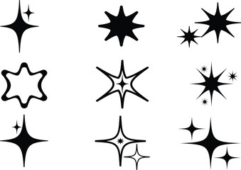 Stars icon collection. Different star shapes. Black stars icon set. Creative collection of black star sparkles on a flat vector illustration background