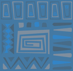 Abstract geometric pattern in various shades of blue and gray featuring zigzags, spirals, and triangles arranged in a grid.