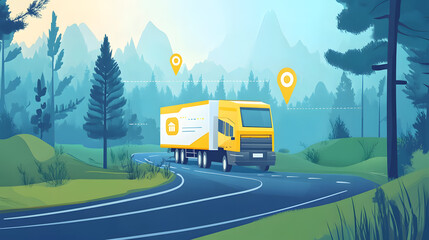 Obraz premium Yellow delivery truck travels on winding road through forested landscape with waypoint markers indicating its route