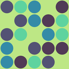 A pattern of colorful circles in varying shades of teal and purple on a light green background.