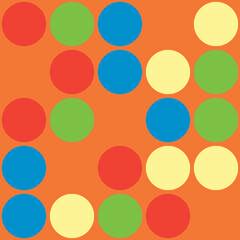 Colorful circles in red, blue, green, and yellow are arranged in a playful pattern against a bright orange background.