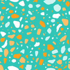 A vibrant turquoise background featuring abstract shapes in orange, white, and light blue, creating a playful, trendy pattern.