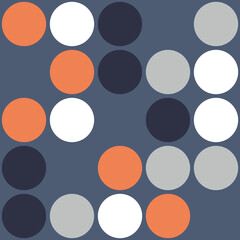 A pattern of circles in orange, navy, gray, and white arranged on a deep blue background.