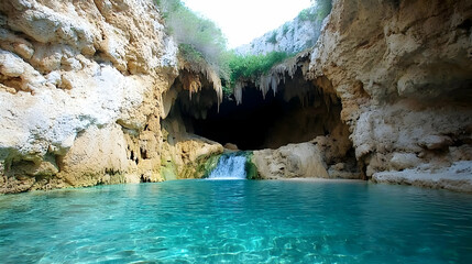 Cave Pool With Waterfall And Turquoise Water