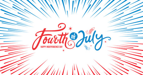 USA 4th of July Banner Vector Modern Patriotic 
starburst rays abstract background with 
Hand drawn logo lettering, text isolated on 
white background
