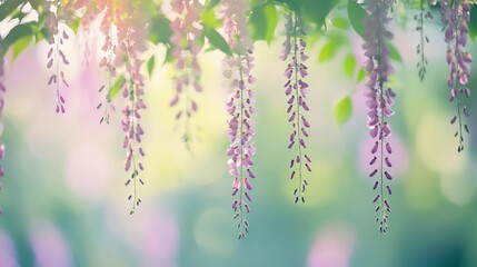 Delicate wisteria blossoms cascade in soft pastel light.