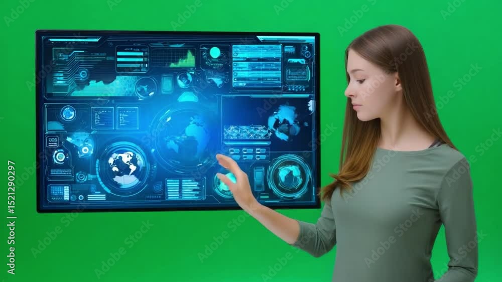 Aufkleber digital world interaction: a woman engages with an interactive digital interface, her hand hovering 