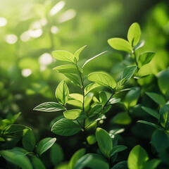 Obraz premium lush green herbal background, vibrant leaves, natural enzymes concept, soft sunlight filtering through plants, fresh and organic feeling