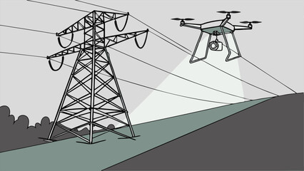 Drone inspecting power lines near a transmission tower on a hillside with trees in the background scene
