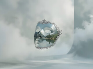 Masked Reflection: A serene visage blends seamlessly with a dreamy landscape reflected within a silver mask.