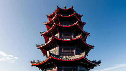 Obraz premium Chinese Pagoda_ A multi-tiered wooden pagoda with gracefully upturned eaves and bright red lacquer accents. 