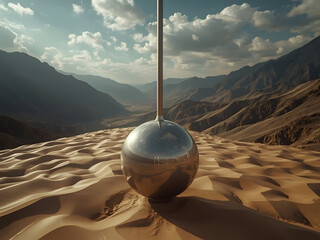 Sand Dune Sphere: An eye-catching, chrome sphere set against a backdrop of rolling sand dunes, imposing mountains, and a dramatic sky.  