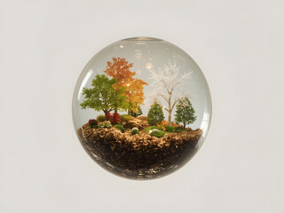 Four Seasons in a Globe: A captivating artistic scene encapsulates the beauty of all four seasons within a glass globe, showcasing miniature trees, plants.