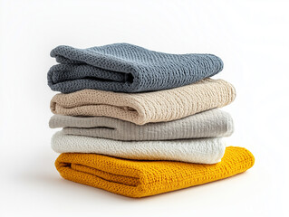 Folded reusable kitchen cloths stacked on white background. Ideal for eco cleaning visuals, home care branding, and sustainable product presentations