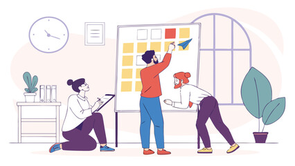 Three people collaborating on a project with sticky notes on a whiteboard in an office setting indoors