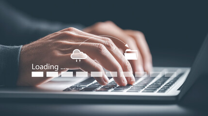 Man typing on laptop with cloud upload and loading bar digital concept.
