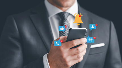 Businessman using smartphone with reminder notification icon.
