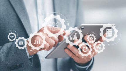 Business target, Businessman creative planning workflows strategy control.