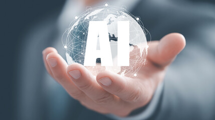 Businessman holding digital AI globe network, futuristic technology concept.