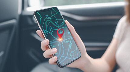 Hand using smartphone with GPS map and location pin on screen in car.