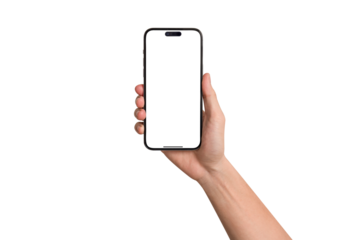 Hand showing smartphone with blank screen isolated. Premium high quality studio shot. Concept for business technology and advertising.