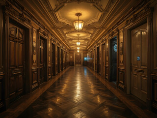 Elegant Hallway with Doors: A captivating hallway featuring symmetrical lines, warm wooden tones, and a series of doors, exuding classic charm and inviting exploration.