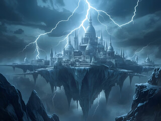 Celestial Citadel: A majestic citadel floats amidst stormy skies, with dramatic lightning illuminating the architecture and evoking a sense of awe and wonder.