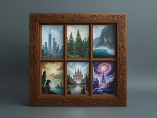 Window to the World: A captivating wooden framed window offering a mesmerizing glimpse into six distinct scenes of urban and natural landscapes.