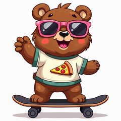 Fototapeta premium Vector fashion design for children t-shirt. Cute teddy bear on skateboard with pink glasses and pizza isolated on white background. Print for fabric, clothing for boy and girl.