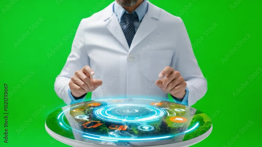 Poster scientist innovation in lab: a modern scientist is captured in a lab setting, interacting with a hol