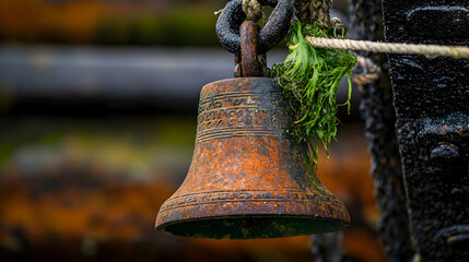 Fototapeta premium Rusty Hanging Bell With Seaweed