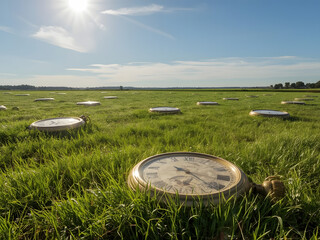 Timeless Field: A field is populated with many antique clocks on a sunny day, a unique and thought-provoking scene. 