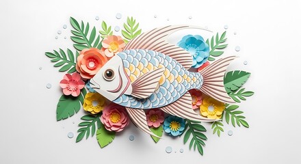 Fototapeta premium Paper fish art floral design handmade craft colorful flowers tropical leaves creative papercraft decoration