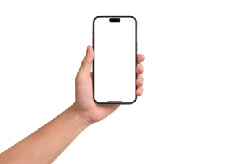 Hand showing smartphone with blank screen isolated. Premium high quality studio shot. Concept for business technology and advertising.
