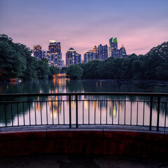 Panoramic view of Atlanta skyline shot during golden hour from Piedmont Park