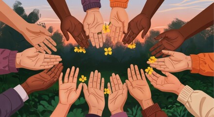 Hands Reaching with Yellow Flowers Illustration Unity and Connection