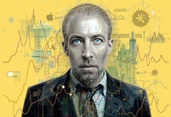 Surreal Businessman Portrait With Graphical Digital Themes in Abstract Art Style.