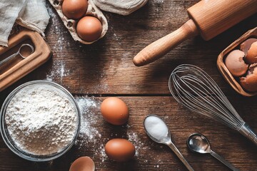 A flat lay of cozy baking ingredients and tools on a rustic wood background
