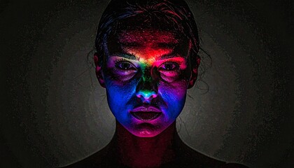 Front-Facing Faceless Model Lit by Red, Blue, Green, and Violet Gels in High-Fashion Studio Scene