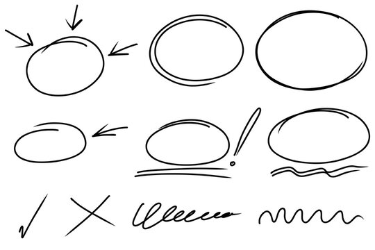Highlight oval frames, marker arrows, hand drawn underlines lines. Hand drawn scribble doodle circle set. Ovals and ellipses line template. Stock vector illustration isolated on white background.