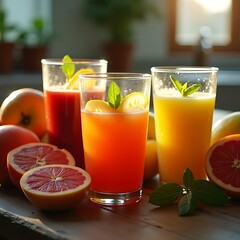 Fototapeta premium Fresh Fruit Juices in Glasses with Grapefruit and Basil on Wooden Table