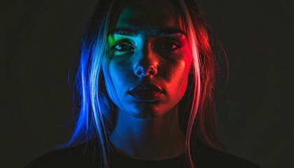 Anonymous Model Under Blended Gel Lighting in Studio — Red, Blue, Green, and Violet Tones