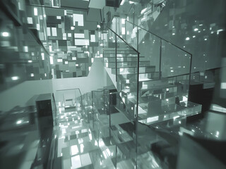 Abstract Glass Staircase: A mesmerizing grayscale image of a modern glass staircase ascending into a surreal, cube-filled space, creating a sense of depth and mystery. 