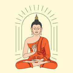 Buddha in meditation pose, performing the Dharmachakra mudra. Perfect for Buddhist designs, spiritual prints, mindfulness graphics, and yoga-inspired decorations. Flat line art style with calm colors.