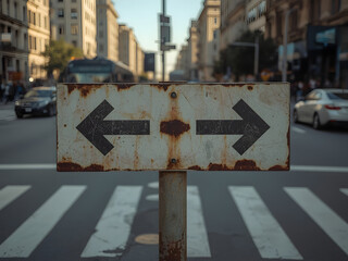 Navigating Choice: A close-up of a weathered road sign with opposing directional arrows on a busy city street, symbolizing decisions, dilemmas, and journeys