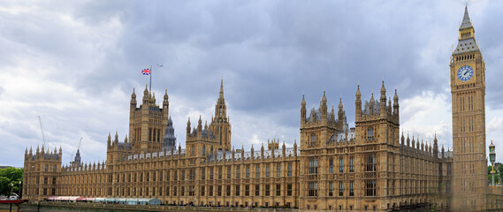 Panoramic View of Houses of Parliament and Big Ben on the River Thames, this is a multi image of 3...