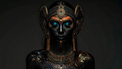 Abstract Female Portrait with Layered Teal, Coral, Violet, and Gold Makeup on Grey Background
