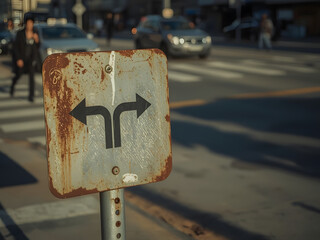 Rusty Road Sign: A close-up view captures a weathered directional sign on a bustling city street, directing traffic with its simple yet iconic arrows amidst urban activity and vehicular motion.