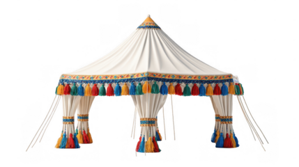 Large white festive tent decorated with multicolored tassels and transparent background, perfect for outdoor events and celebrations, adding a touch of elegance and vibrancy